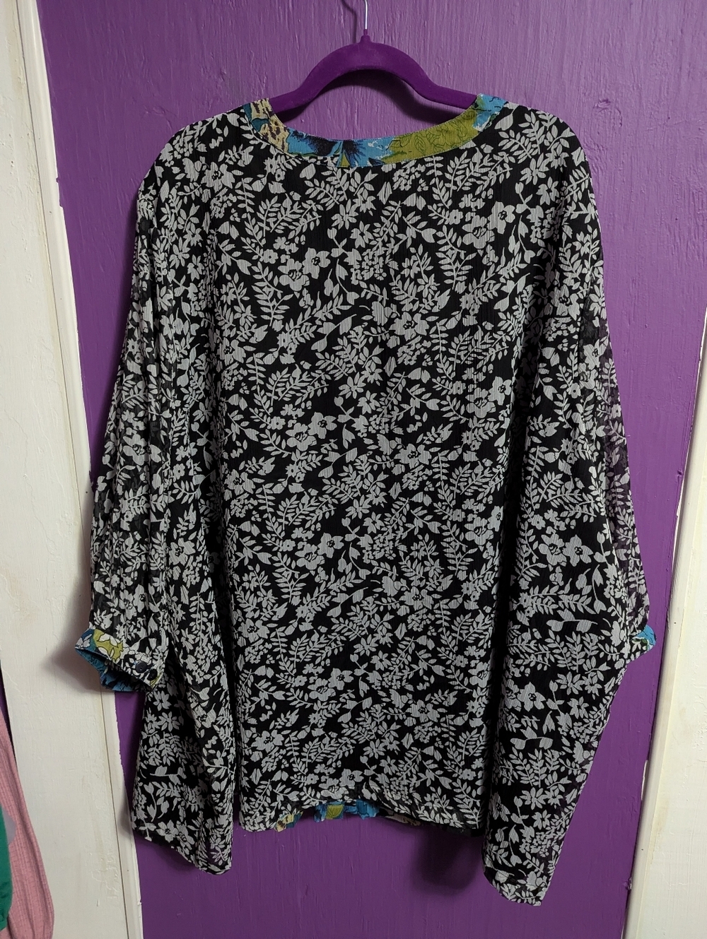 Ulla Popken Black White Colorful Floral Button Down Lined Blouse 6X 32 34 - Picture 3 of 3